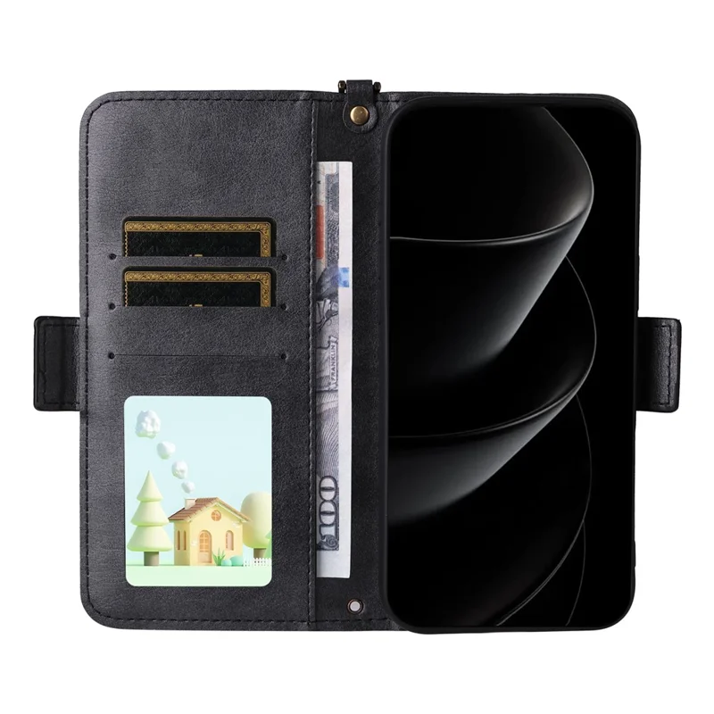 For iPhone 17 Pro Leather Case Magnetic Closure Wallet Stand Phone Cover with Crossbody Strap - Black