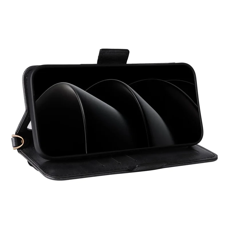 For iPhone 17 Pro Leather Case Magnetic Closure Wallet Stand Phone Cover with Crossbody Strap - Black