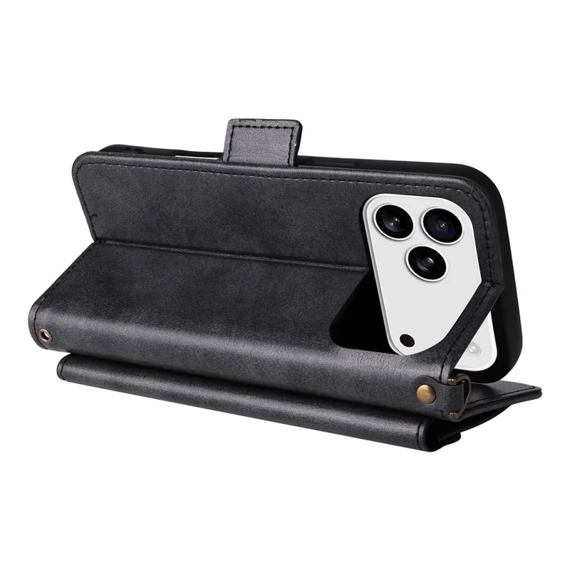 For iPhone 17 Pro Leather Case Magnetic Closure Wallet Stand Phone Cover with Crossbody Strap - Black