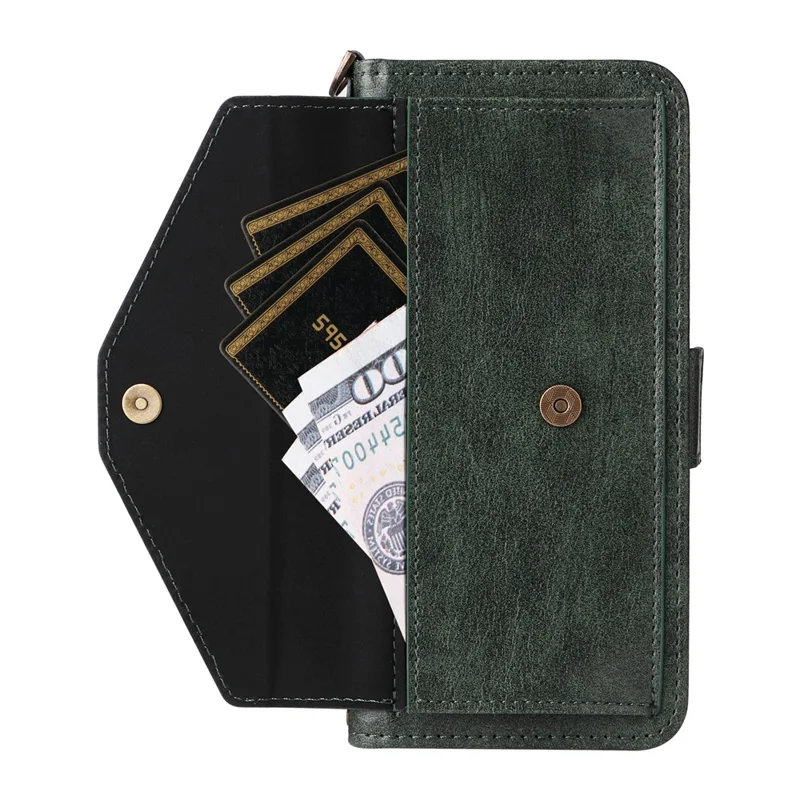 For iPhone 17 Pro Max Leather Case Magnetic Closure Wallet Stand Phone Cover with Crossbody Strap - Green