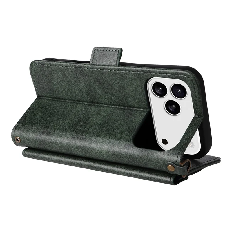 For iPhone 17 Pro Max Leather Case Magnetic Closure Wallet Stand Phone Cover with Crossbody Strap - Green