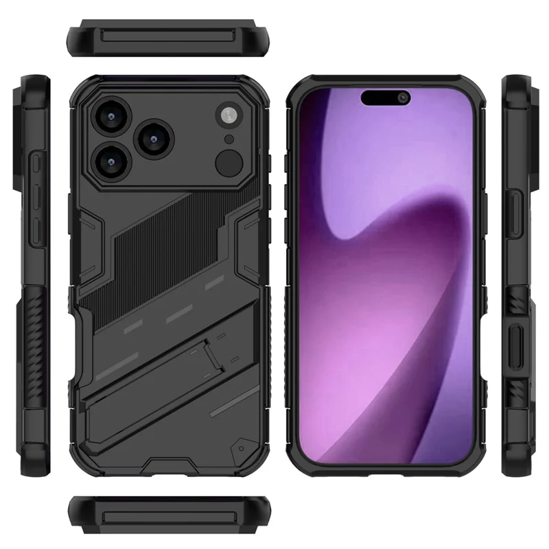 Für iPhone 17 Pro Hülle PC + TPU Stoßfeste Handyhülle mit Ständer - Schwarz