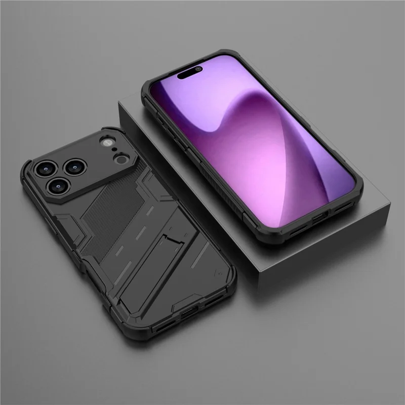 Für iPhone 17 Pro Hülle PC + TPU Stoßfeste Handyhülle mit Ständer - Schwarz