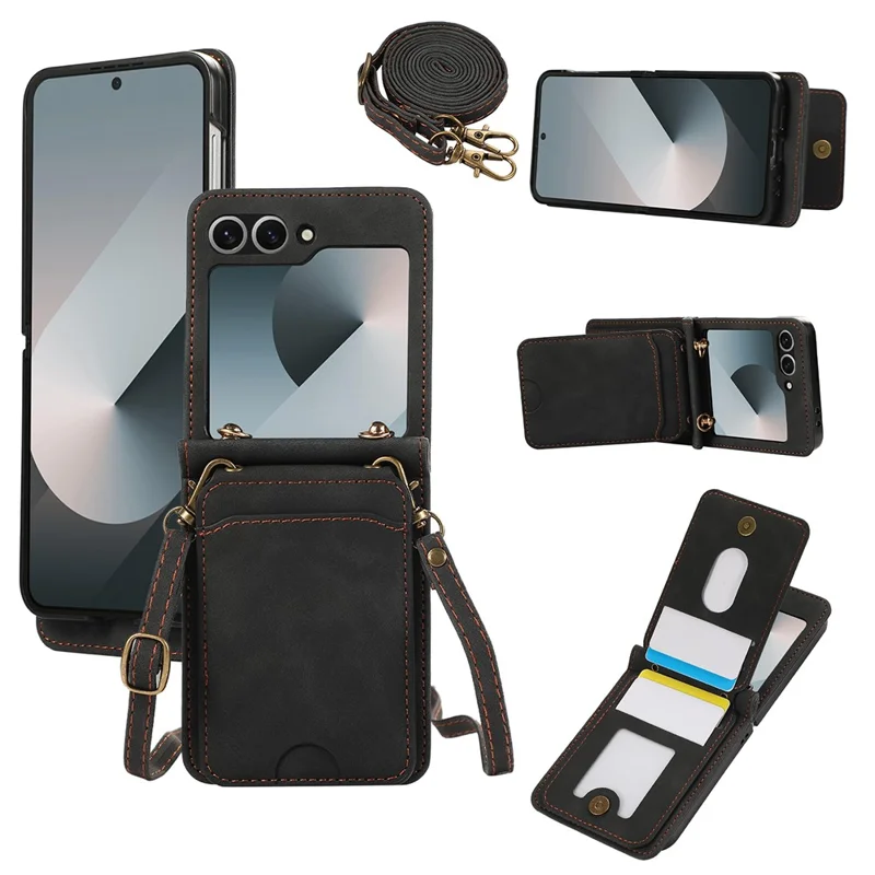 For Samsung Galaxy Z Flip7 5G Case Card Holder Kickstand Leather + TPU Phone Cover with Shoulder Strap - Black