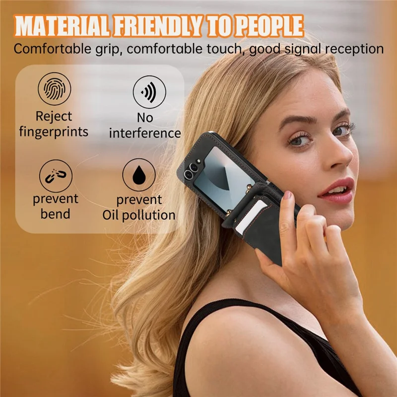 For Samsung Galaxy Z Flip7 5G Case Card Holder Kickstand Leather + TPU Phone Cover with Shoulder Strap - Black
