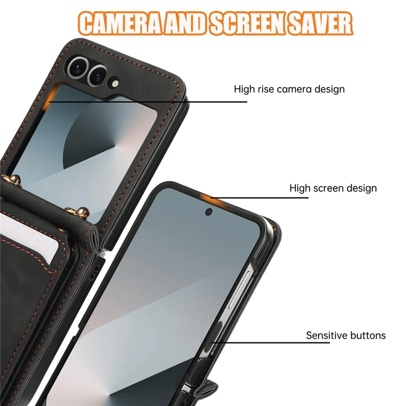 For Samsung Galaxy Z Flip7 5G Case Card Holder Kickstand Leather + TPU Phone Cover with Shoulder Strap - Black