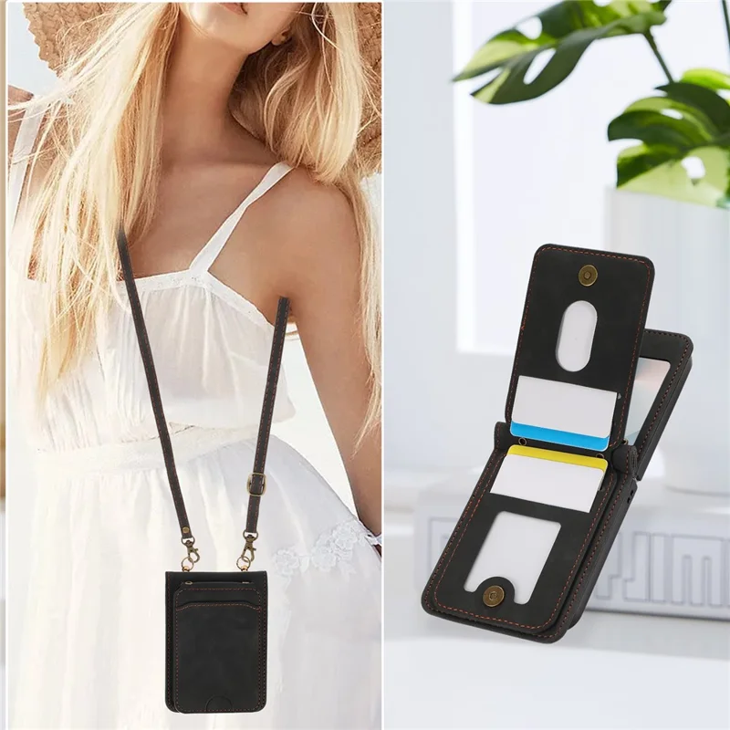 For Samsung Galaxy Z Flip7 5G Case Card Holder Kickstand Leather + TPU Phone Cover with Shoulder Strap - Black