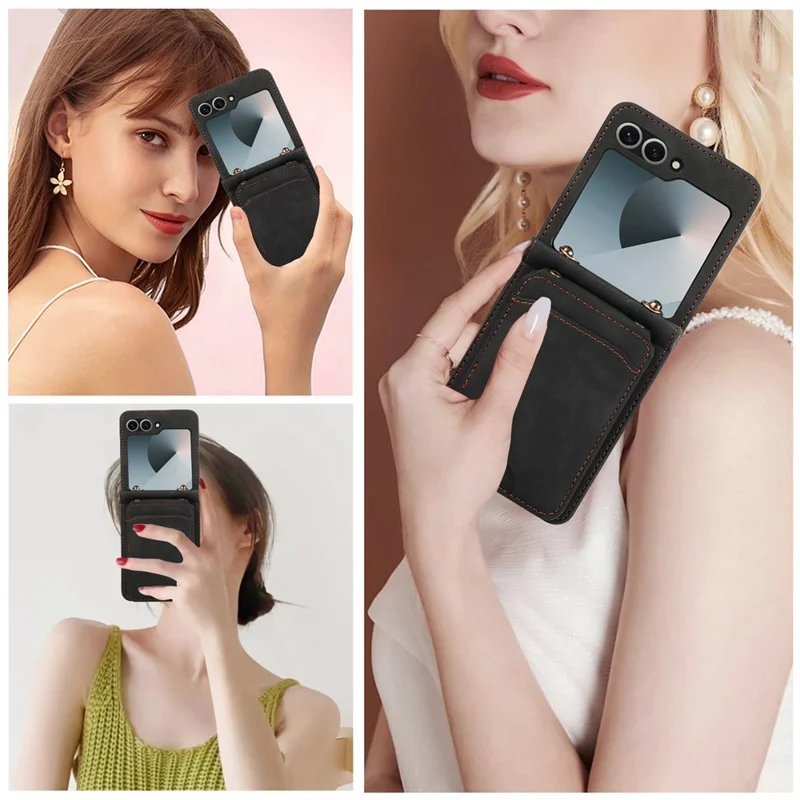 For Samsung Galaxy Z Flip7 5G Case Card Holder Kickstand Leather + TPU Phone Cover with Shoulder Strap - Black