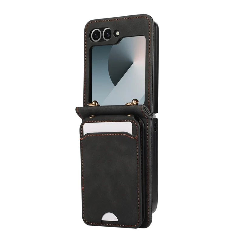 For Samsung Galaxy Z Flip7 5G Case Card Holder Kickstand Leather + TPU Phone Cover with Shoulder Strap - Black