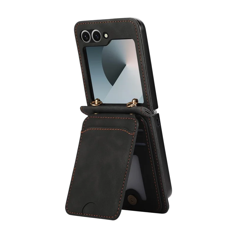 For Samsung Galaxy Z Flip7 5G Case Card Holder Kickstand Leather + TPU Phone Cover with Shoulder Strap - Black