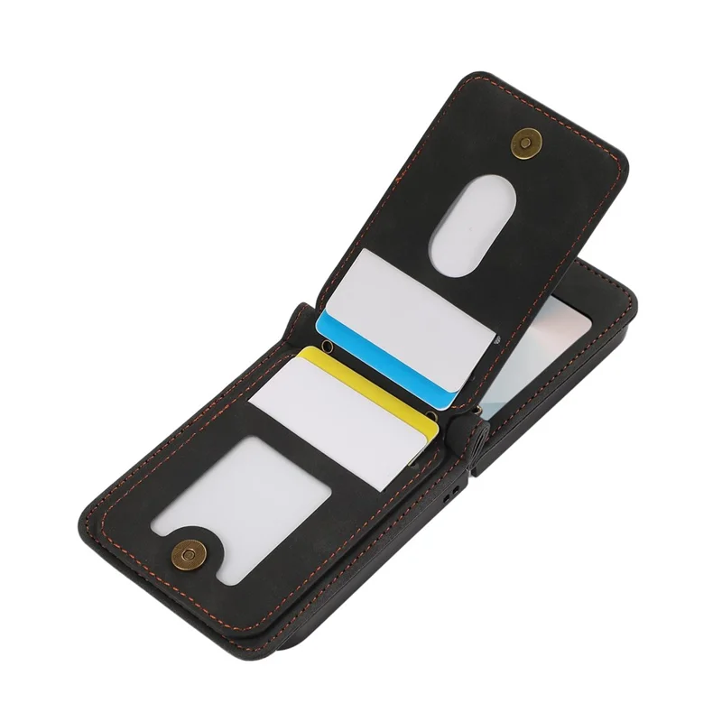 For Samsung Galaxy Z Flip7 5G Case Card Holder Kickstand Leather + TPU Phone Cover with Shoulder Strap - Black