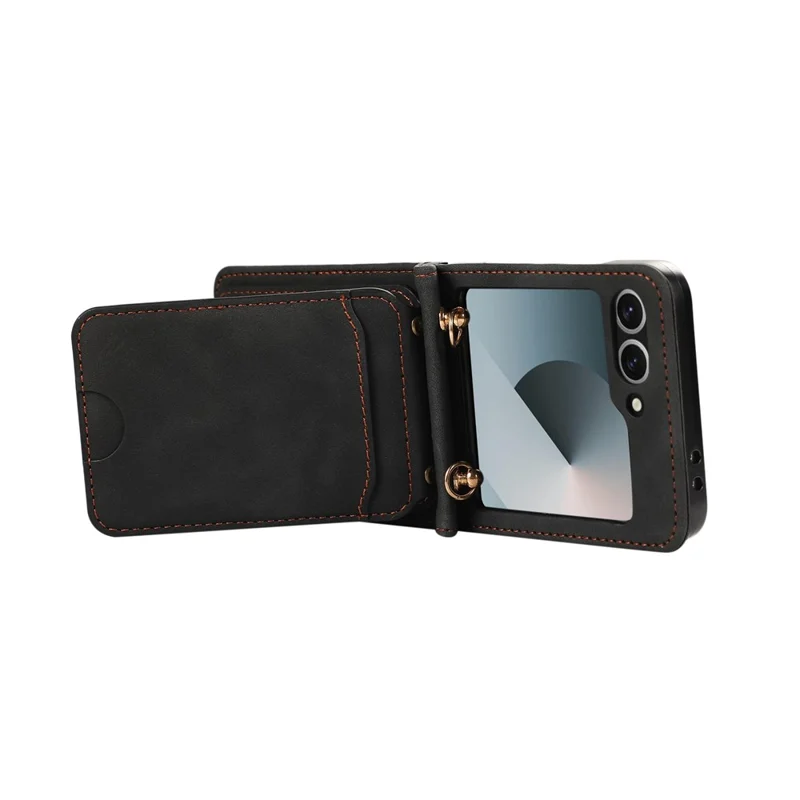 For Samsung Galaxy Z Flip7 5G Case Card Holder Kickstand Leather + TPU Phone Cover with Shoulder Strap - Black
