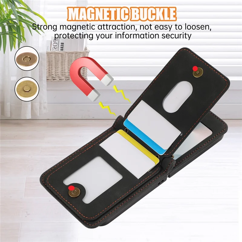 For Samsung Galaxy Z Flip7 5G Case Card Holder Kickstand Leather + TPU Phone Cover with Shoulder Strap - Black
