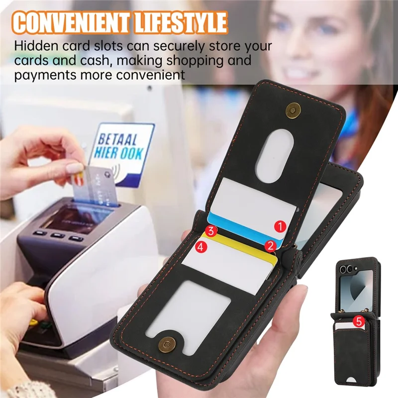For Samsung Galaxy Z Flip7 5G Case Card Holder Kickstand Leather + TPU Phone Cover with Shoulder Strap - Black