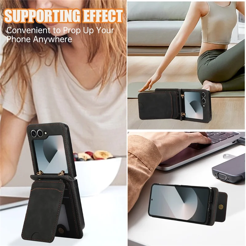 For Samsung Galaxy Z Flip7 5G Case Card Holder Kickstand Leather + TPU Phone Cover with Shoulder Strap - Black