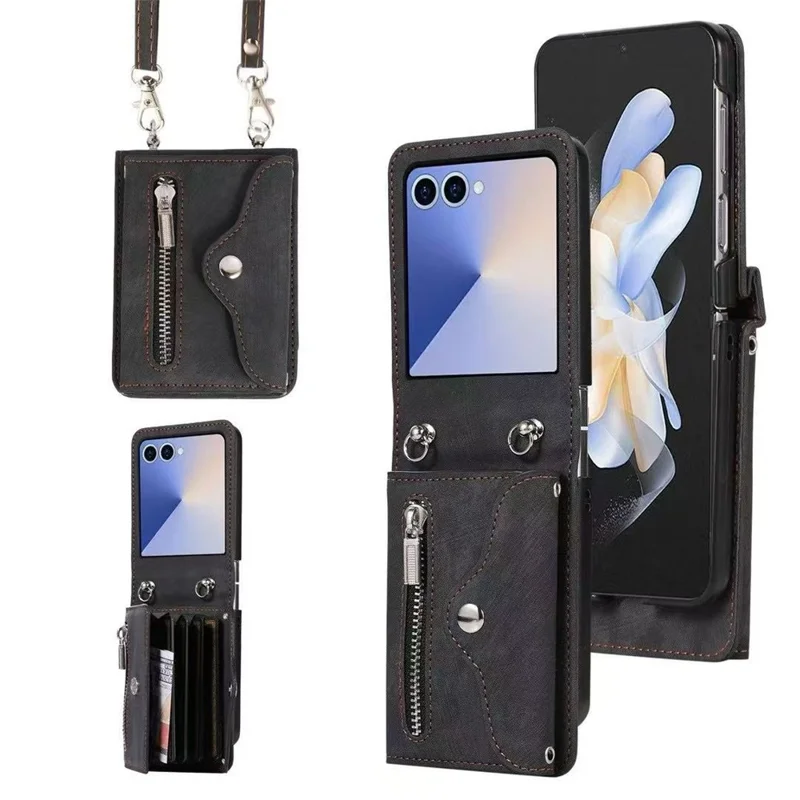 For Samsung Galaxy Z Flip7 5G Cell Phone Case PU Leather + TPU RFID Blocking Card Slots Cover with 2 Straps - Black