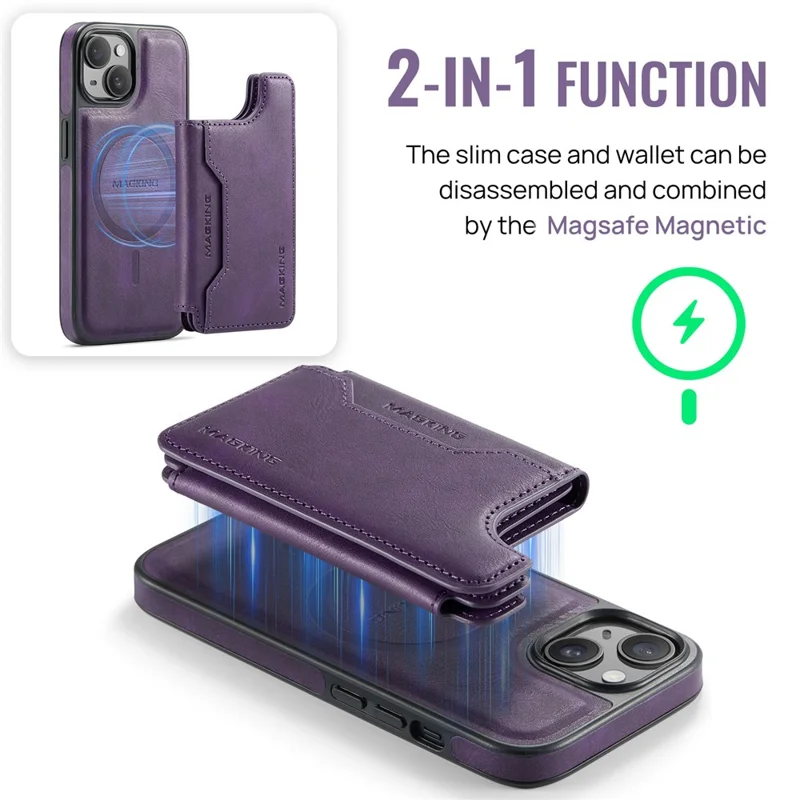 MAGKING K3 Series For iPhone 15 Case Compatible with MagSafe Wallet PC + TPU + PU Phone Cover - Purple