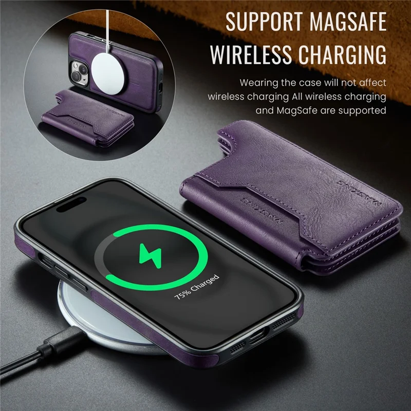 MAGKING K3 Series For iPhone 15 Case Compatible with MagSafe Wallet PC + TPU + PU Phone Cover - Purple