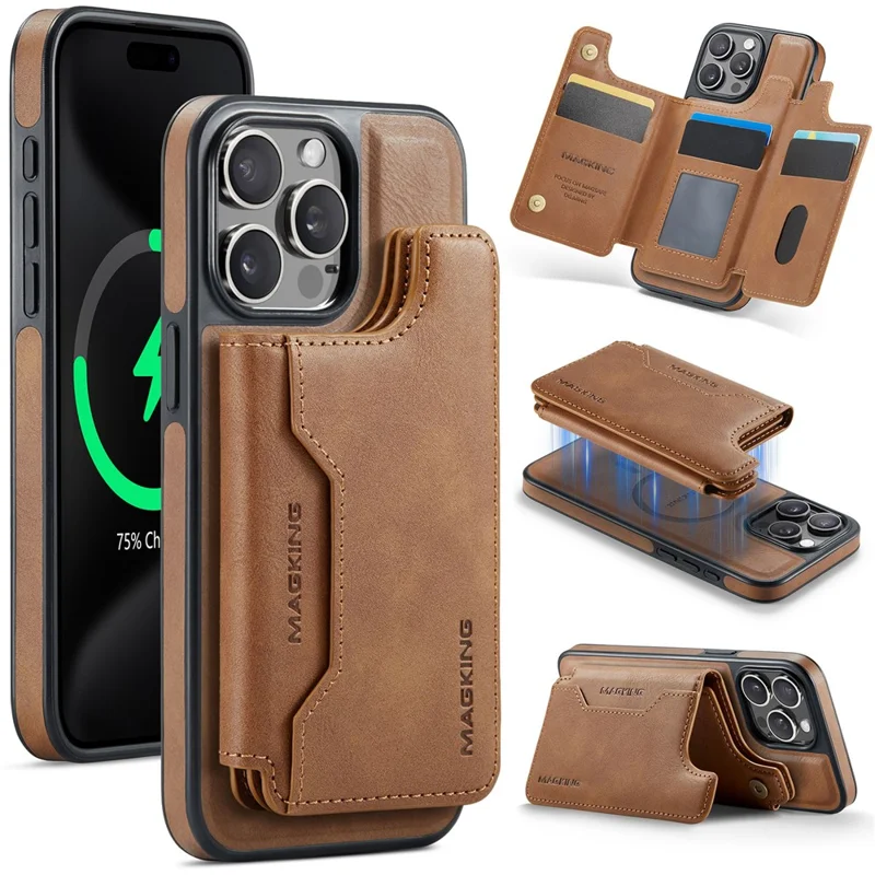 MAGKING K3 Series Étui pour iPhone 15 Pro Compatible avec Portefeuille MagSafe Coque de Téléphone PC + TPU + PU - Marron