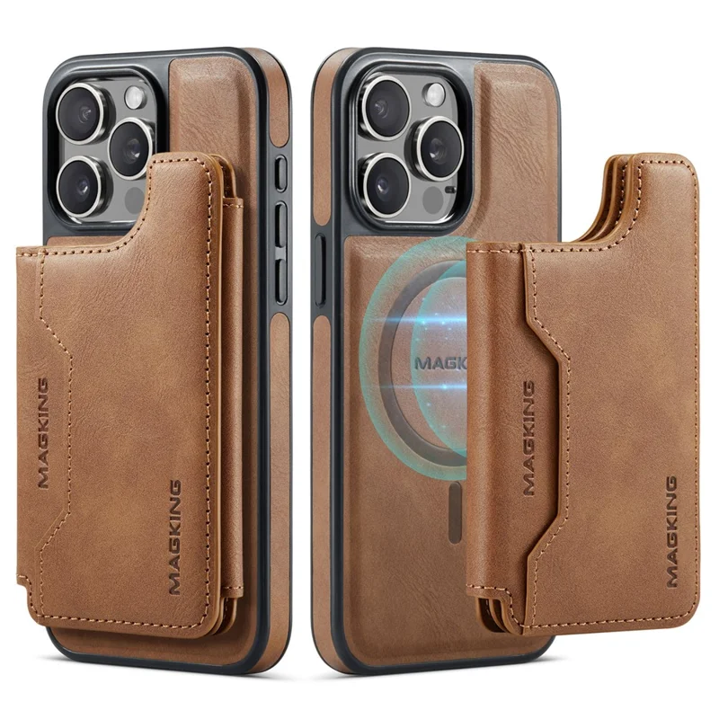 MAGKING K3 Series Étui pour iPhone 15 Pro Compatible avec Portefeuille MagSafe Coque de Téléphone PC + TPU + PU - Marron