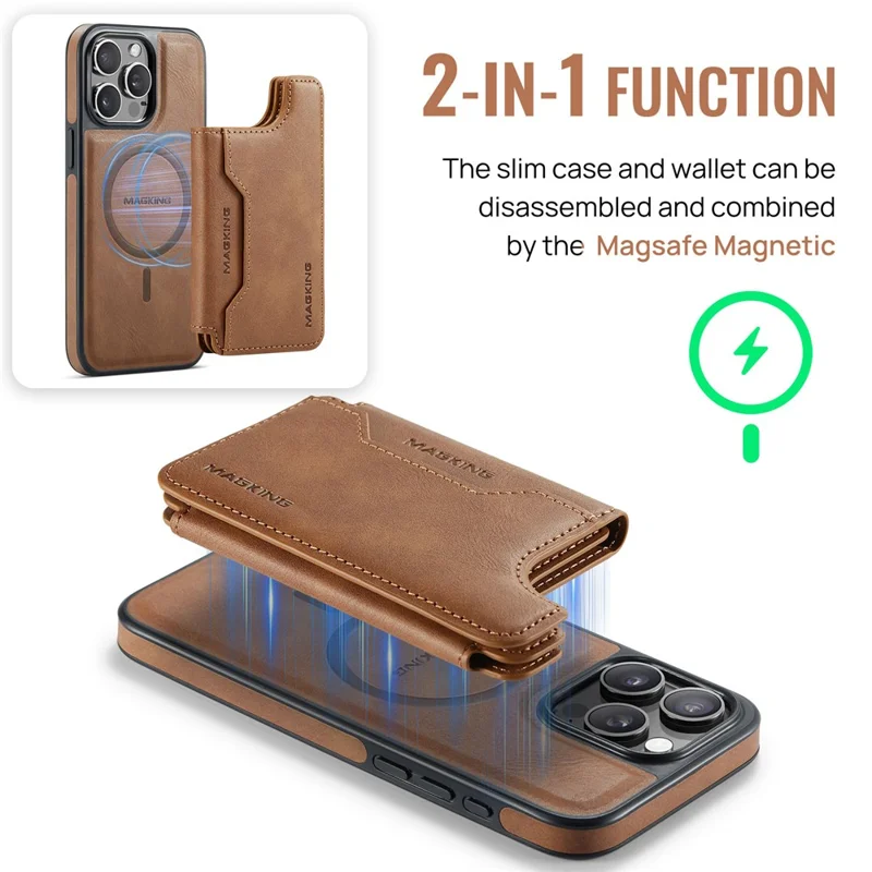 MAGKING K3 Series Étui pour iPhone 15 Pro Compatible avec Portefeuille MagSafe Coque de Téléphone PC + TPU + PU - Marron