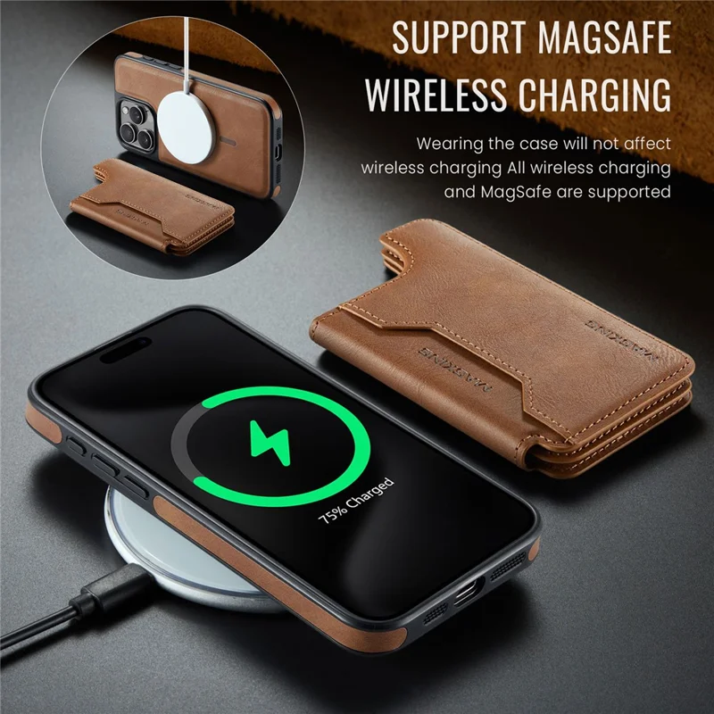 MAGKING K3 Series Étui pour iPhone 15 Pro Compatible avec Portefeuille MagSafe Coque de Téléphone PC + TPU + PU - Marron
