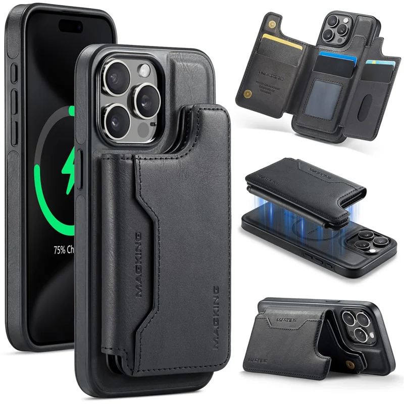 MAGKING K3 Series For iPhone 15 Pro Max Case Compatible with MagSafe Wallet PC + TPU + PU Phone Cover - Black