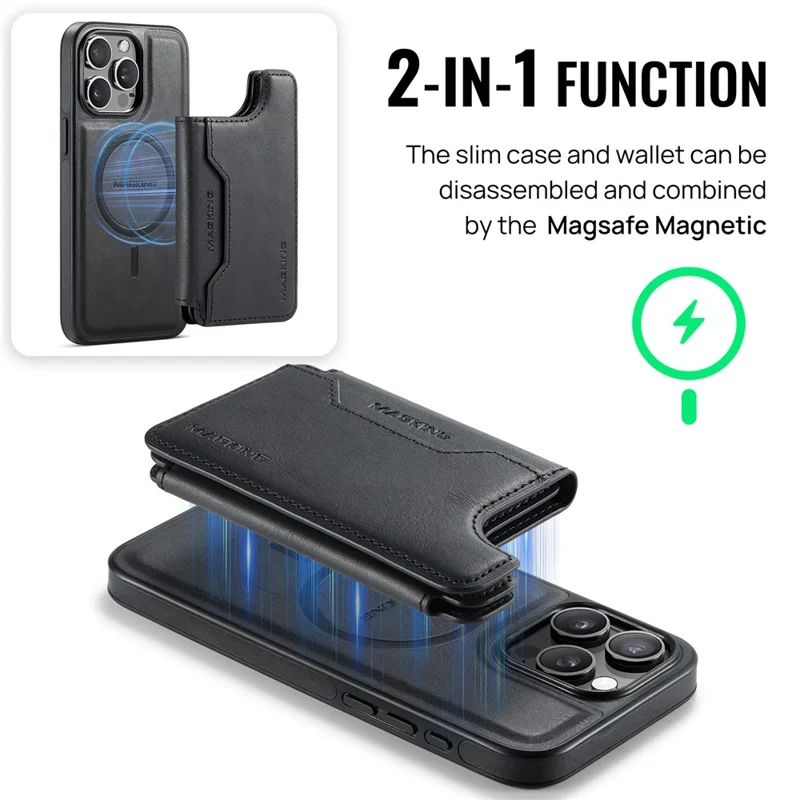 MAGKING K3 Series For iPhone 15 Pro Max Case Compatible with MagSafe Wallet PC + TPU + PU Phone Cover - Black