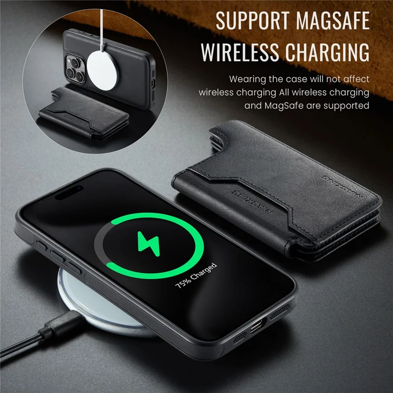 MAGKING K3 Series For iPhone 15 Pro Max Case Compatible with MagSafe Wallet PC + TPU + PU Phone Cover - Black