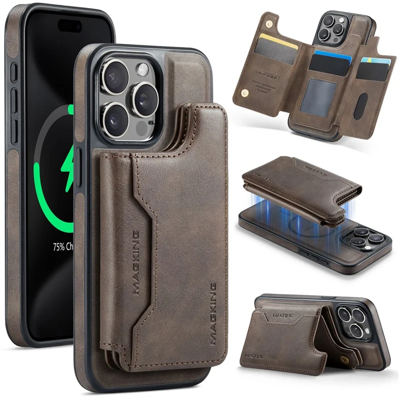 MAGKING K3 Series For iPhone 15 Pro Max Case Compatible with MagSafe Wallet PC + TPU + PU Phone Cover - Coffee