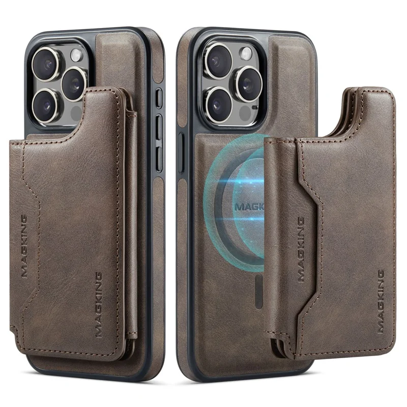 MAGKING K3 Series For iPhone 15 Pro Max Case Compatible with MagSafe Wallet PC + TPU + PU Phone Cover - Coffee