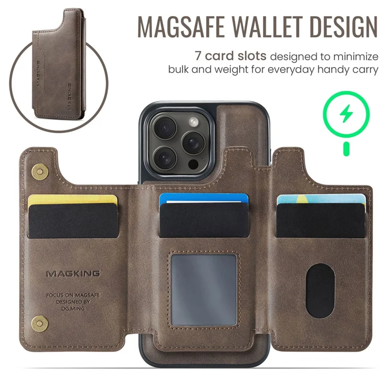 MAGKING K3 Series For iPhone 15 Pro Max Case Compatible with MagSafe Wallet PC + TPU + PU Phone Cover - Coffee