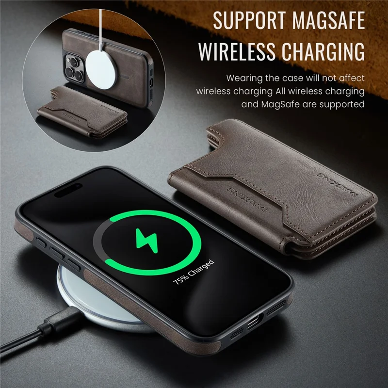MAGKING K3 Series For iPhone 15 Pro Max Case Compatible with MagSafe Wallet PC + TPU + PU Phone Cover - Coffee