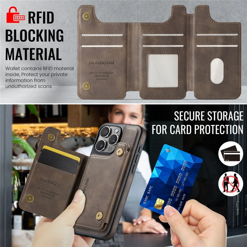 MAGKING K3 Series For iPhone 15 Pro Max Case Compatible with MagSafe Wallet PC + TPU + PU Phone Cover - Coffee