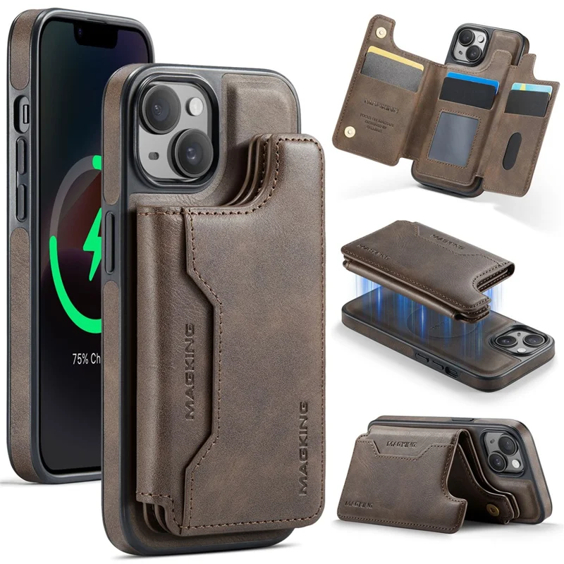 MAGKING K3 Series Funda para iPhone 14 Compatible con Cartera MagSafe - Policarbonato + TPU + Cuero - Color Café