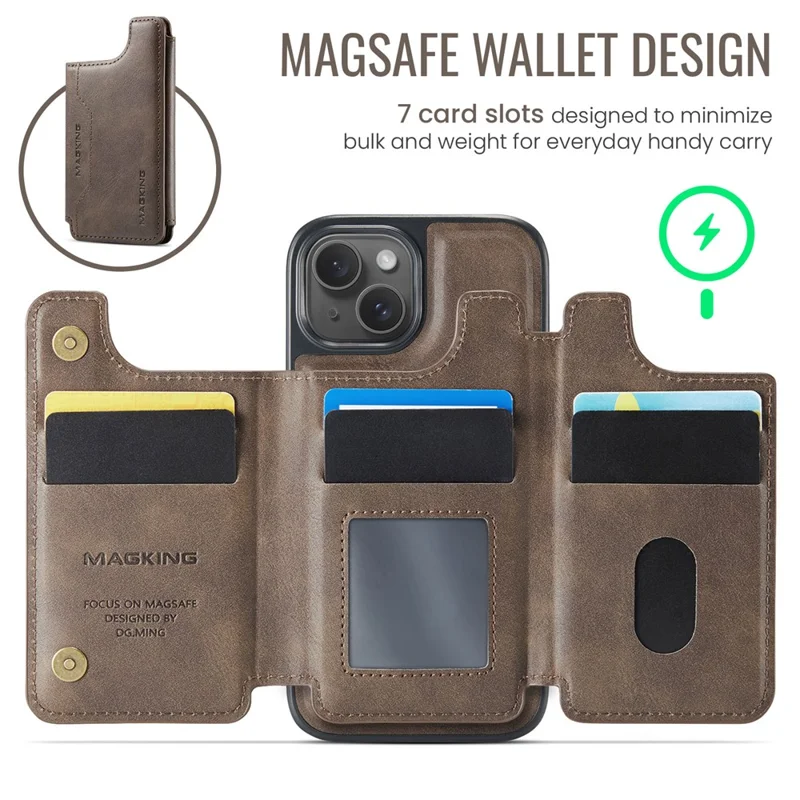 MAGKING K3 Series Funda para iPhone 14 Compatible con Cartera MagSafe - Policarbonato + TPU + Cuero - Color Café