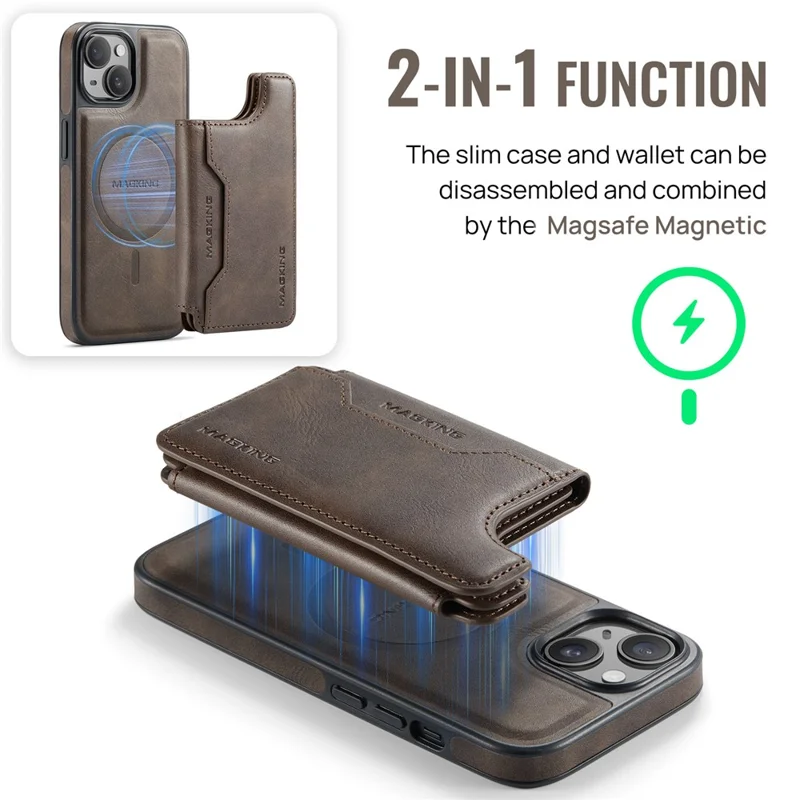 MAGKING K3 Series Funda para iPhone 14 Compatible con Cartera MagSafe - Policarbonato + TPU + Cuero - Color Café