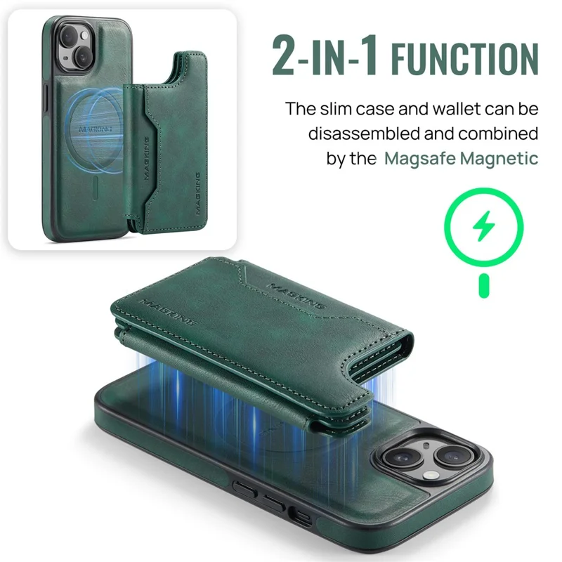 MAGKING K3 Series For iPhone 14 Case Compatible with MagSafe Wallet PC + TPU + PU Phone Cover - Green