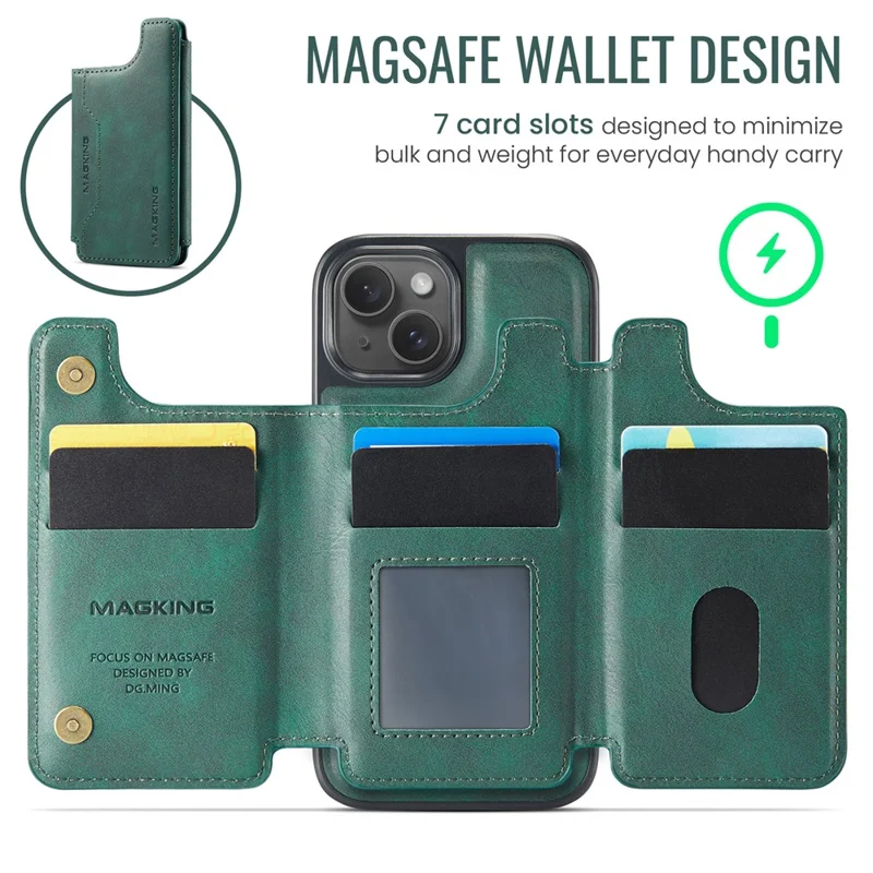 MAGKING K3 Series For iPhone 14 Case Compatible with MagSafe Wallet PC + TPU + PU Phone Cover - Green