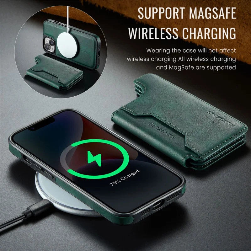 MAGKING K3 Series For iPhone 14 Case Compatible with MagSafe Wallet PC + TPU + PU Phone Cover - Green
