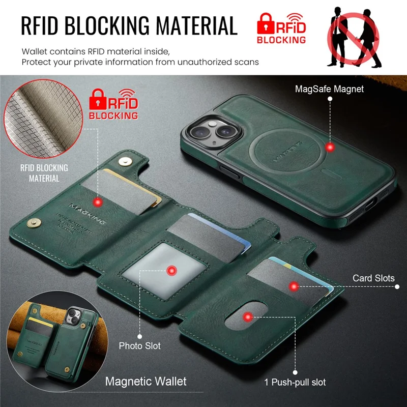 MAGKING K3 Series For iPhone 14 Case Compatible with MagSafe Wallet PC + TPU + PU Phone Cover - Green