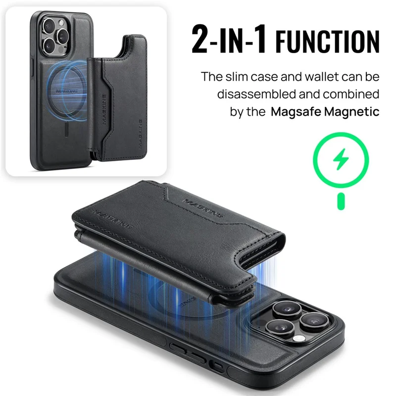 MAGKING K3 Series Étui pour iPhone 14 Pro Compatible avec Portefeuille MagSafe PC + TPU + PU - Noir