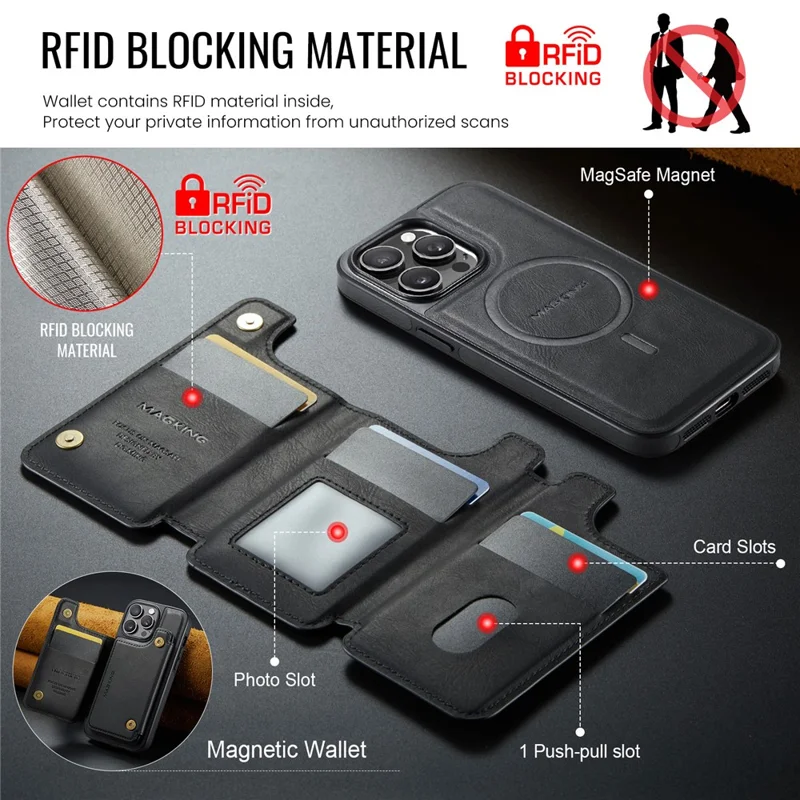 MAGKING K3 Series Étui pour iPhone 14 Pro Compatible avec Portefeuille MagSafe PC + TPU + PU - Noir