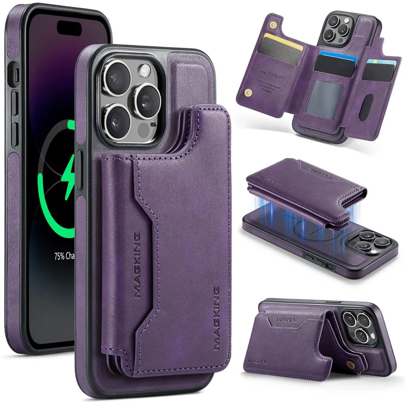 MAGKING K3 Series For iPhone 14 Pro Max Case Compatible with MagSafe Wallet PC + TPU + PU Phone Cover - Purple