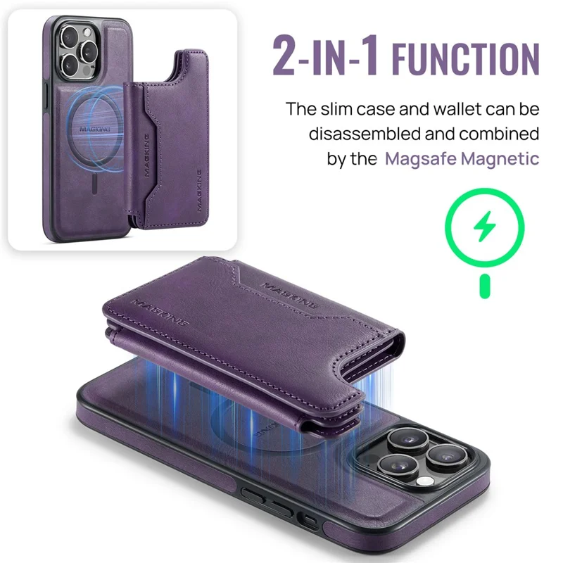MAGKING K3 Series For iPhone 14 Pro Max Case Compatible with MagSafe Wallet PC + TPU + PU Phone Cover - Purple