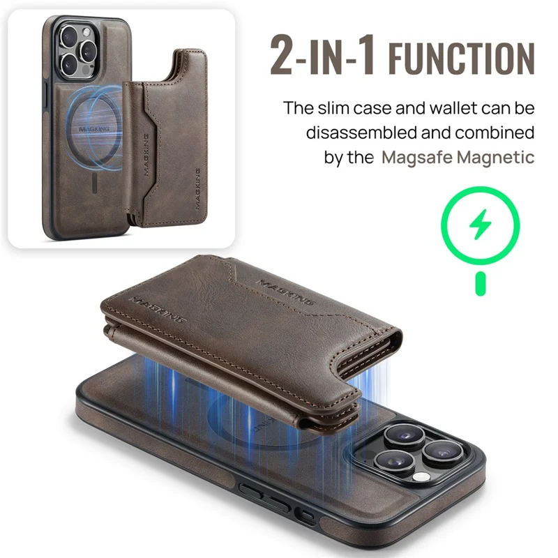 MAGKING K3 Series For iPhone 14 Pro Max Case Compatible with MagSafe Wallet PC + TPU + PU Phone Cover - Coffee
