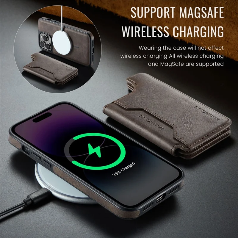 MAGKING K3 Series For iPhone 14 Pro Max Case Compatible with MagSafe Wallet PC + TPU + PU Phone Cover - Coffee