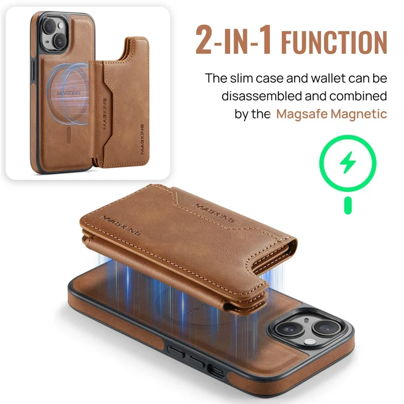 MAGKING K3 Series For iPhone 13 Case Compatible with MagSafe Wallet PC + TPU + PU Phone Cover - Brown