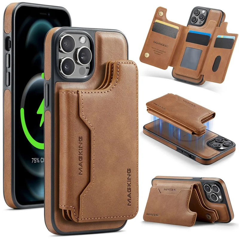Étui MAGKING K3 Series pour iPhone 12 Pro Max Compatible avec Portefeuille MagSafe, Coque de Téléphone PC + TPU + PU - Marron