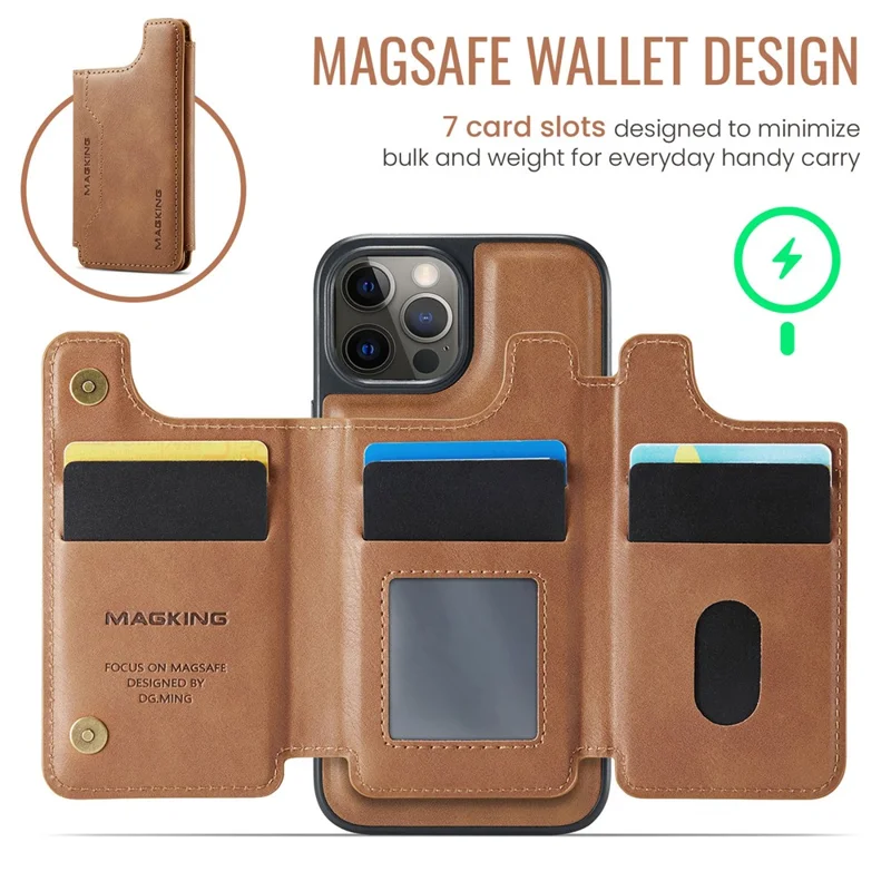 Étui MAGKING K3 Series pour iPhone 12 Pro Max Compatible avec Portefeuille MagSafe, Coque de Téléphone PC + TPU + PU - Marron